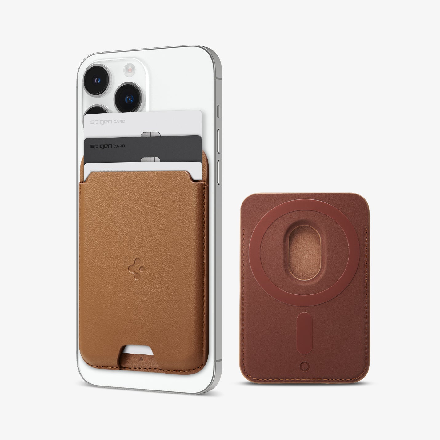AFA05804 - MagSafe 3 Cards Holder Valentinus (MagFit) in brown showing the front attached to the back of phone and the back of card holder