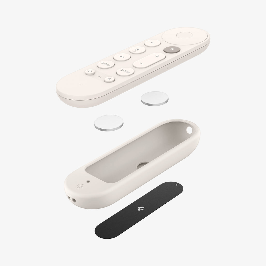 ACS07975 - Google TV Streamer Silicone Fit Voice Remote in Porcelain showing the front of the remote hovering above 2 magnets, case and another magnet