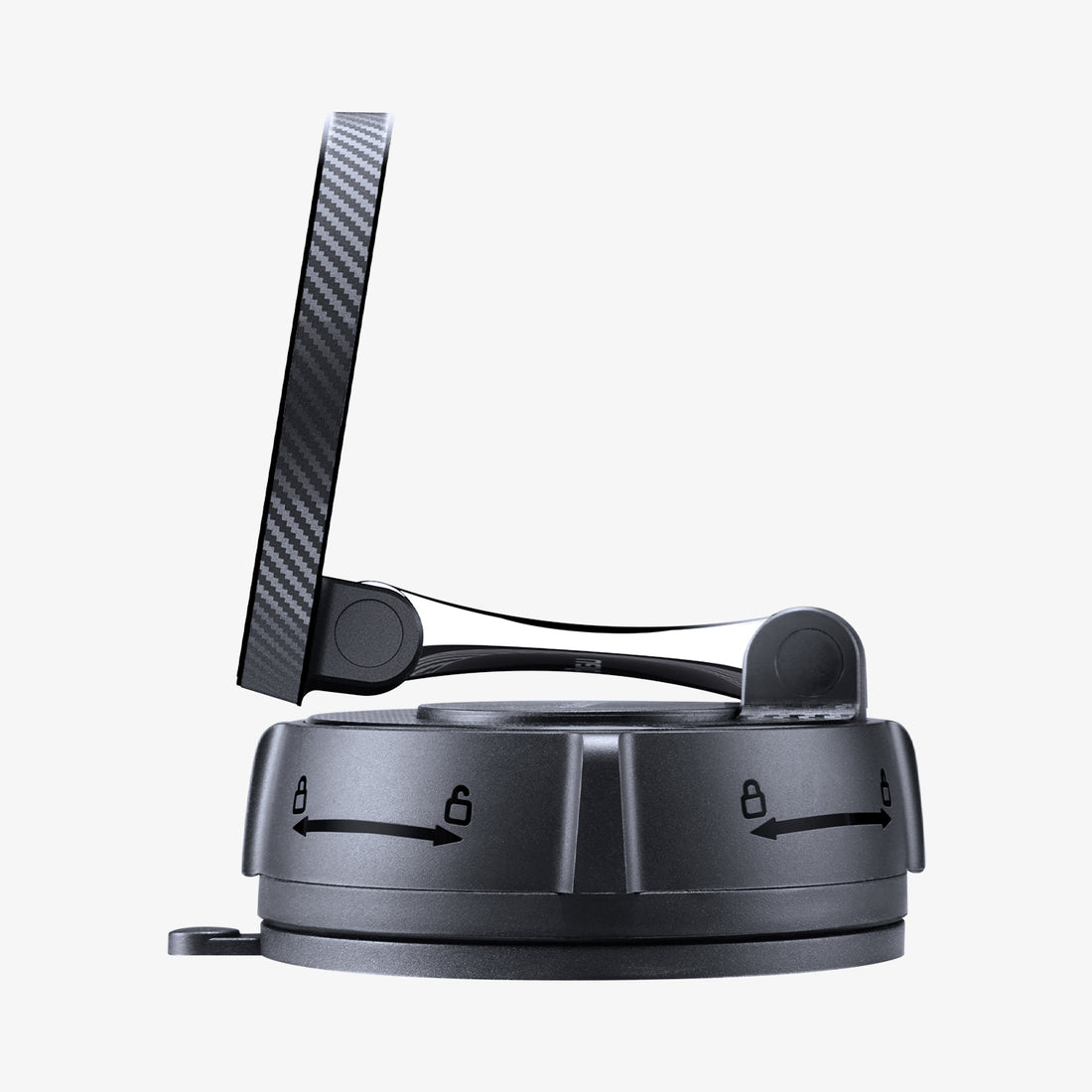 ACP11658 - Spigen Magnetic Car Mount (Mag Fit) MFT 36-1 showing the side profile of the mount with the magnetic ring tilted at an angle from the suction base
