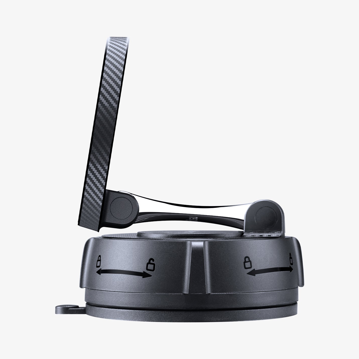 ACP11658 - Spigen Magnetic Car Mount (Mag Fit) MFT 36-1 showing the side profile of the mount with the magnetic ring tilted at an angle from the suction base