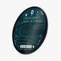 AGL09280 - Close-up angled view of a Spigen tempered glass display protector on a MINI Cooper's circular digital gauge cluster showing speed, power, and fuel readout