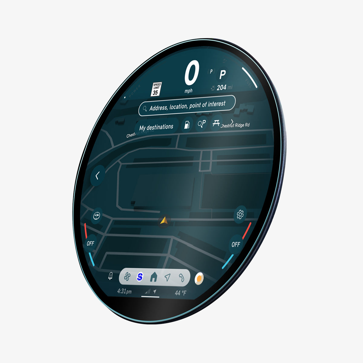 AGL09280 - Close-up angled view of a Spigen tempered glass display protector on a MINI Cooper's circular digital gauge cluster showing speed, power, and fuel readout