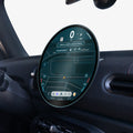 AGL09280 - Spigen display protector on a MINI Cooper's round dashboard screen, viewed at an angle from the passenger side near the window