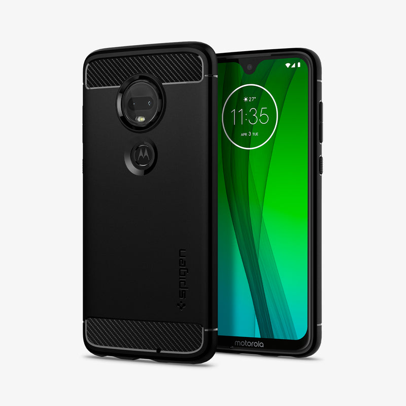 M25CS25947 - Moto G7 Case Rugged Armor in black showing the back and front