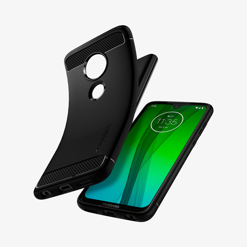M25CS25947 - Moto G7 Case Rugged Armor in black showing the back, front and sides with case bending away from the device