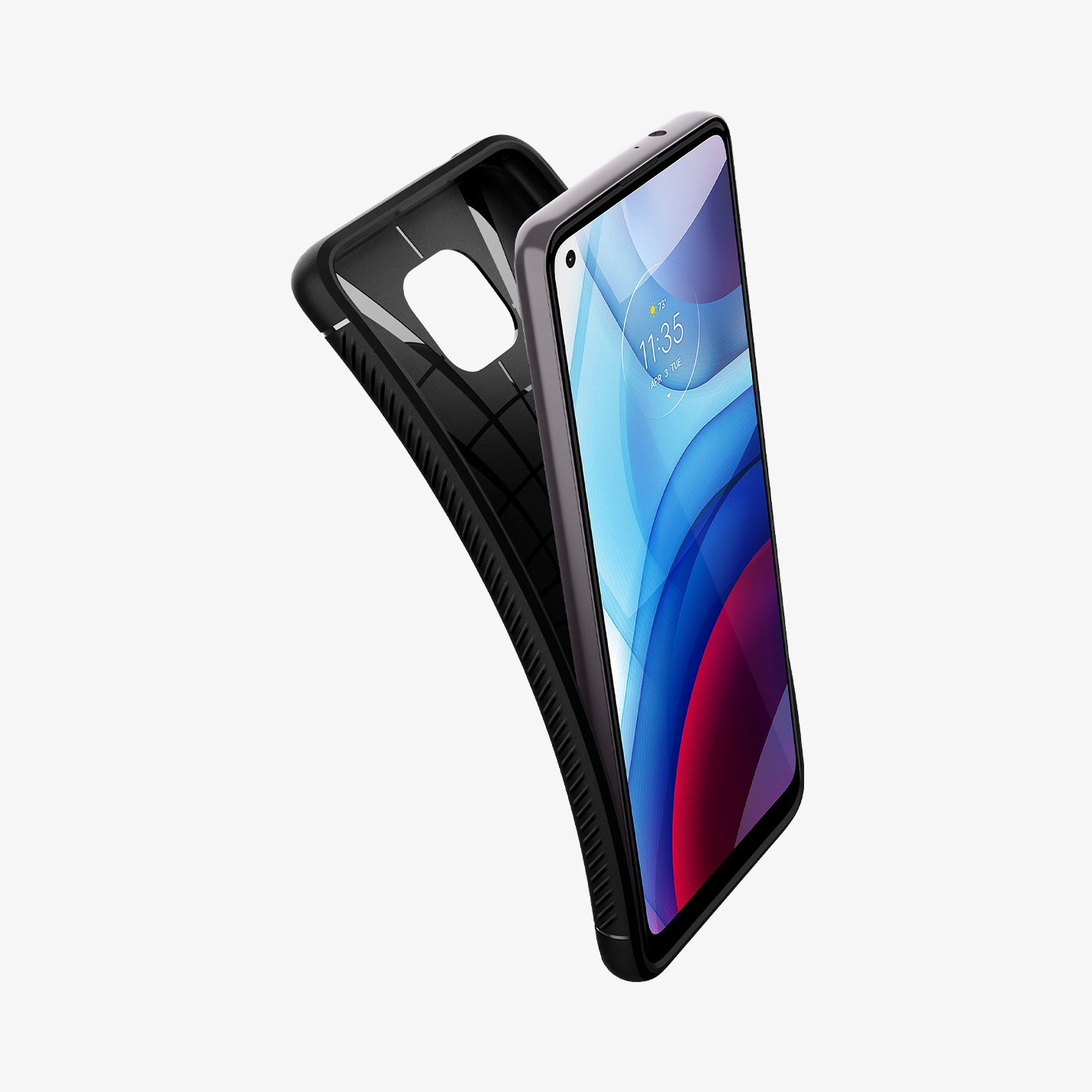 ACS02267 - Moto G Power 2021 Case Rugged Armor in black showing the front with case bending away from the device