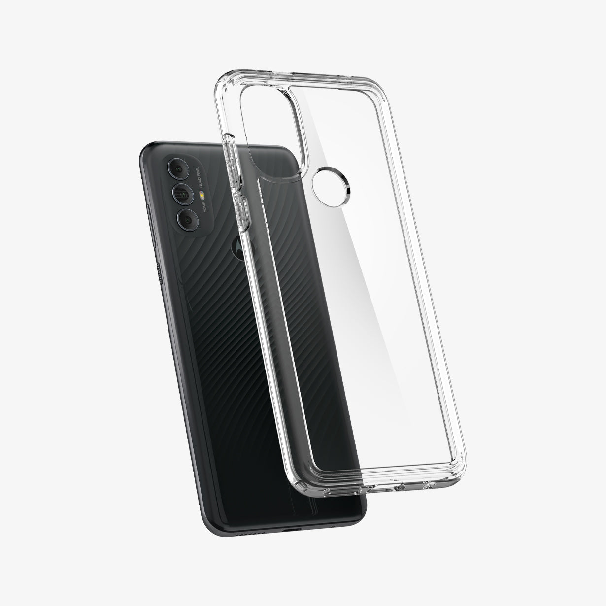 ACS03692 - Moto G Power 2022 Ultra Hybrid Case in crystal clear showing the back with case hovering away from the device