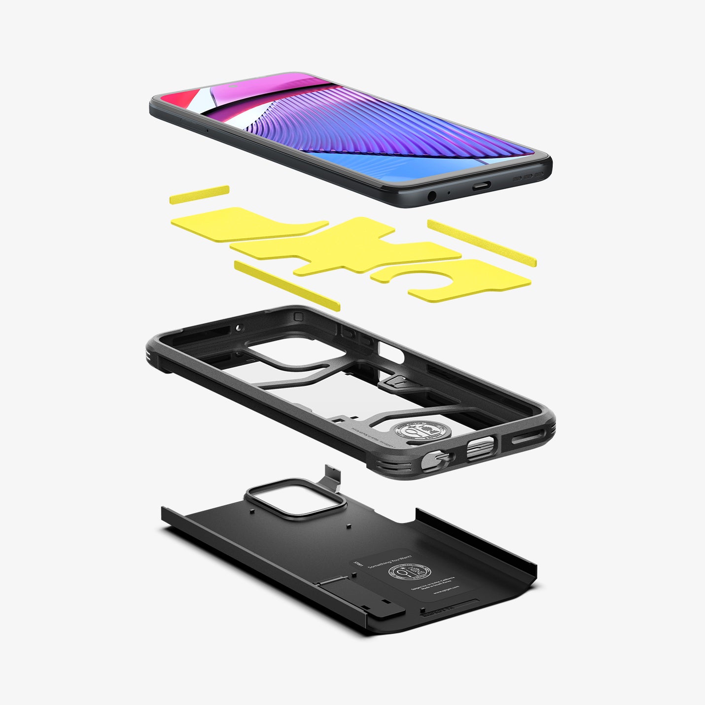 ACS06433 - Moto G Power Case Tough Armor in black showing the device, impact foam, soft tpu and hard pc