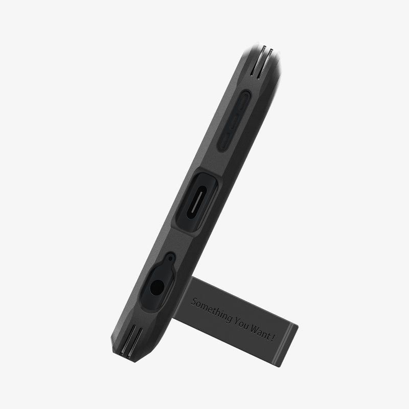 ACS06433 - Moto G Power Case Tough Armor in black showing the bottom with device propped up by built in kickstand