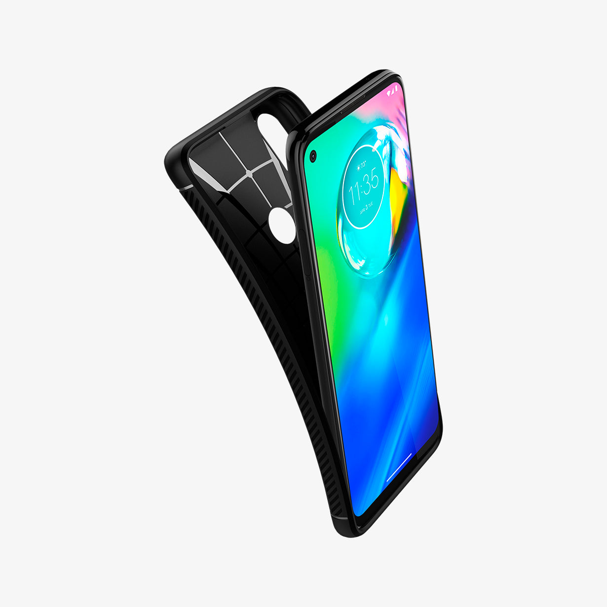 ACS01231 - Moto G Power Case Rugged Armor in black showing the front with case bending away from the device