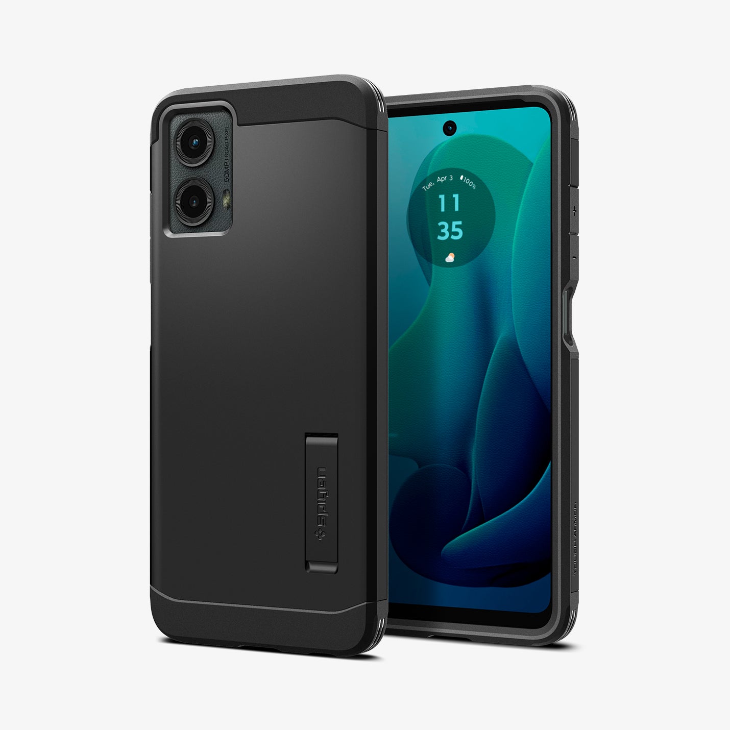 ACS07767 - Moto G 5G (2024) Case Tough Armor in Black showing the back, a device showing partial front and sides