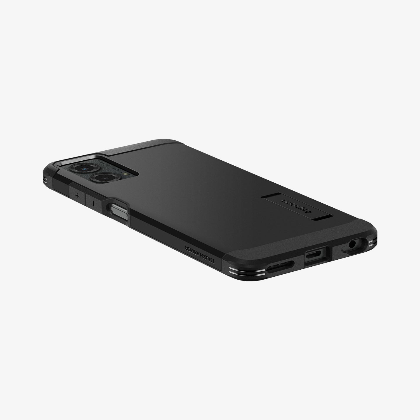 ACS07767 - Moto G 5G (2024) Case Tough Armor in Black showing the back, partial side with side buttons and bottom on a flat surface
