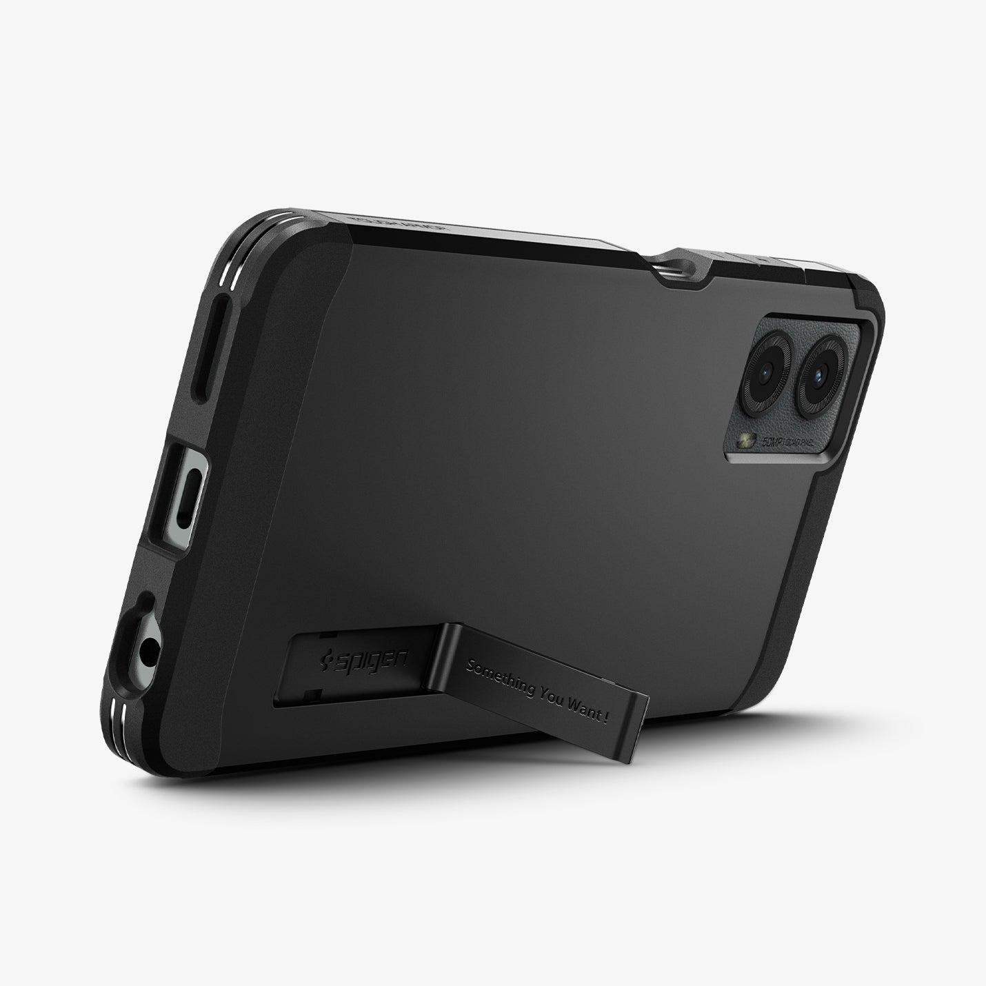 ACS07767 - Moto G 5G (2024) Case Tough Armor in Black showing the back, partial bottom with a built-in kickstand propped up