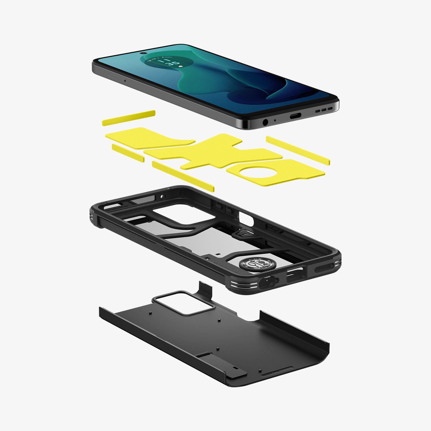 ACS07767 - Moto G 5G (2024) Case Tough Armor in Black showing the front of device hovering above the impact foam, detached from tpu frame and back layer of the case