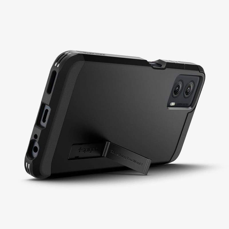 ACS07769 - Moto G Power 5G (2024) Case Tough Armor in Black showing the back, partial bottom with a built-in kickstand propped up