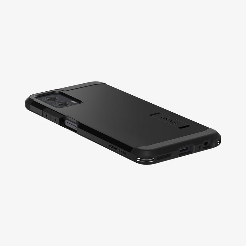 ACS07769 - Moto G Power 5G (2024) Case Tough Armor in Black showing the back, partial side with side buttons and bottom on a flat surface
