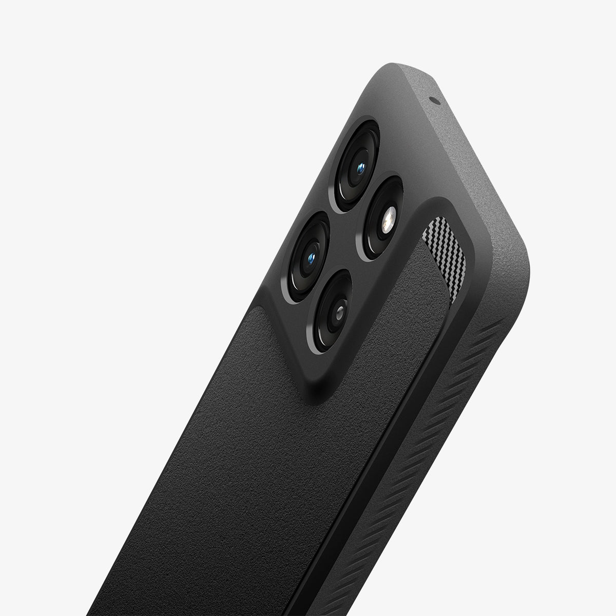 ACS11314 - Spigen Rugged Armor Motorola G Stylus 2026 Matte Black case close-up of quad camera cutout and carbon-fiber accent detail