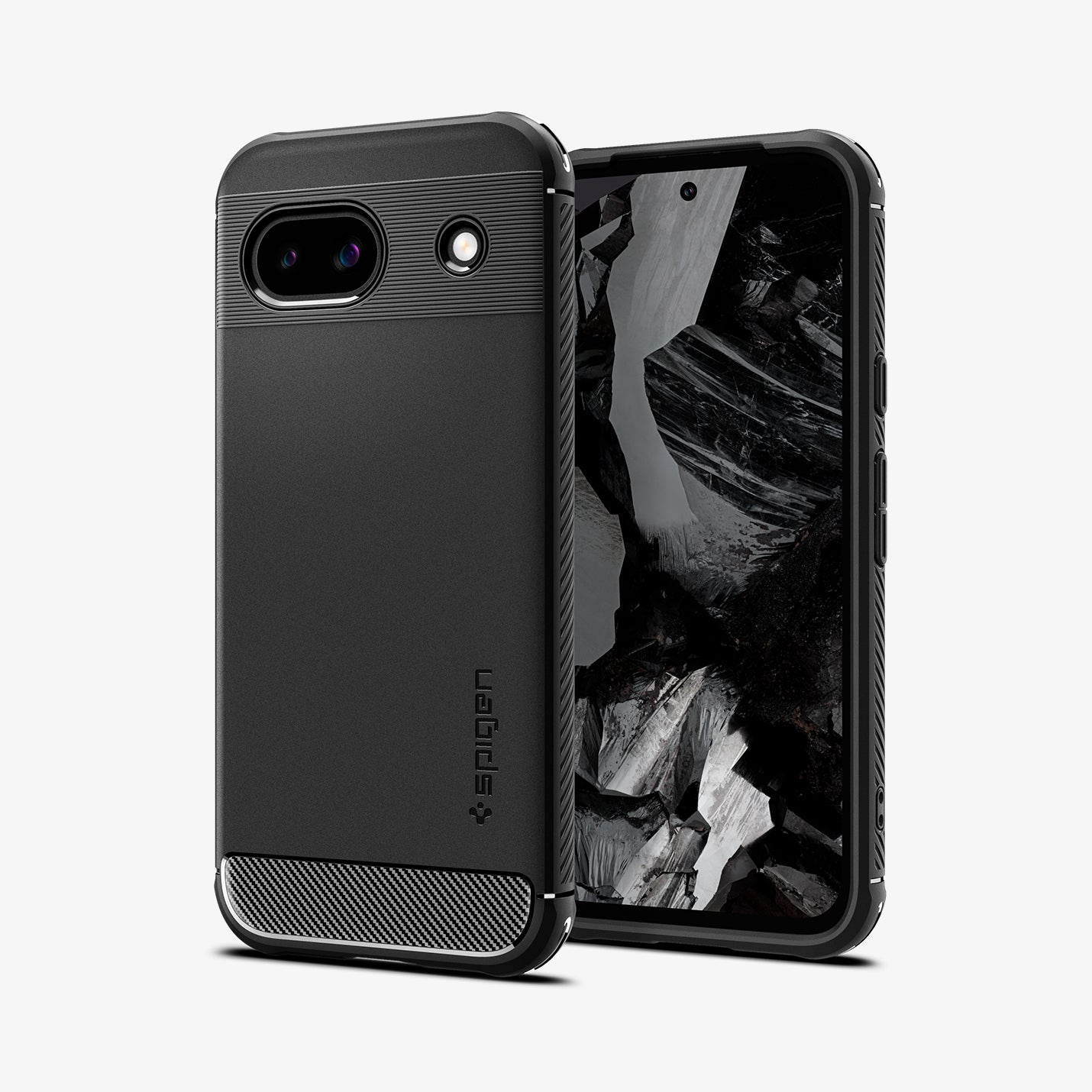 ACS07259 - Pixel 8a Case Rugged Armor in Matte Black showing the back, partial front and sides