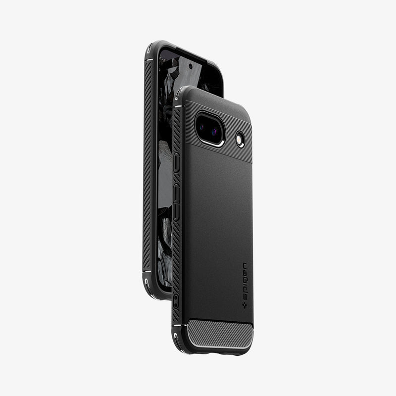 ACS07259 - Pixel 8a Case Rugged Armor in Matte Black showing the back, partial side, another device hovering in front another device showing partial front and side