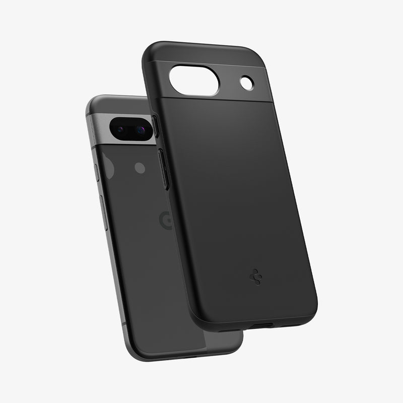 ACS07256 - Pixel 8a Case Thin Fit in Black showing the back of the case hovering above the device