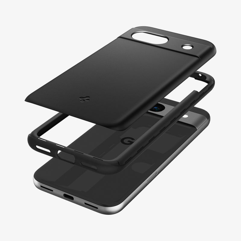 ACS07256 - Pixel 8a Case Thin Fit in Black showing the back hard layer of the case hovering above the tpu frame and a device