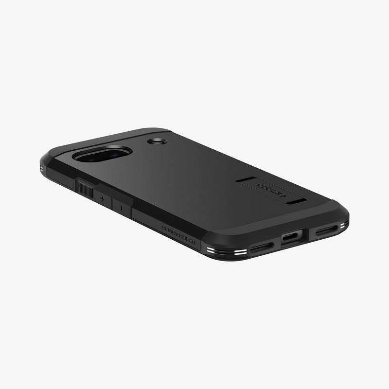 ACS07264 - Pixel 8a Case Tough Armor in Black showing the back, side and bottom on a flat surface