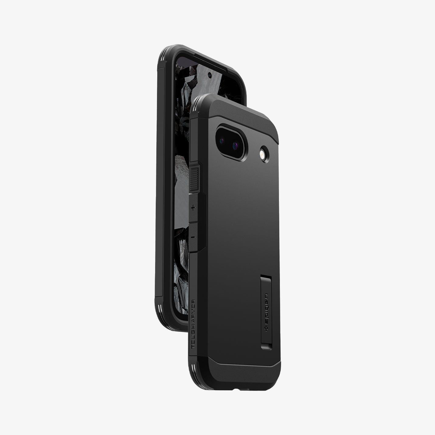 ACS07264 - Pixel 8a Case Tough Armor in Black showing the back, partial side, another device hovering in front another device showing partial front and side