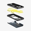 ACS07265 - Pixel 8a Case Tough Armor in Metal Slate showing the device hovering above the impact foam detached from a tpu frame and back hard layer of the case