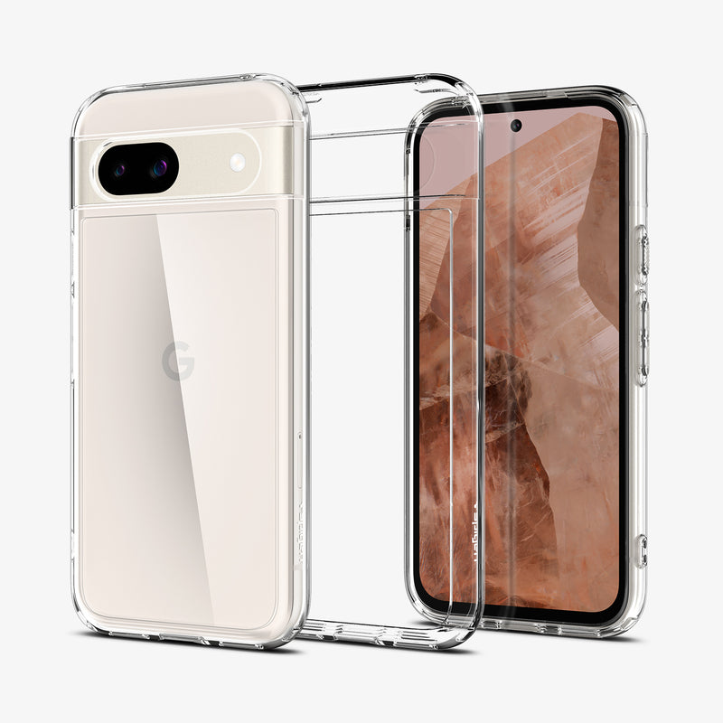 ACS07260 - Pixel 8a Case Ultra Hybrid in Crystal Clear showing the back, partial side, in the middle a clear case and next to it, a partial front and side