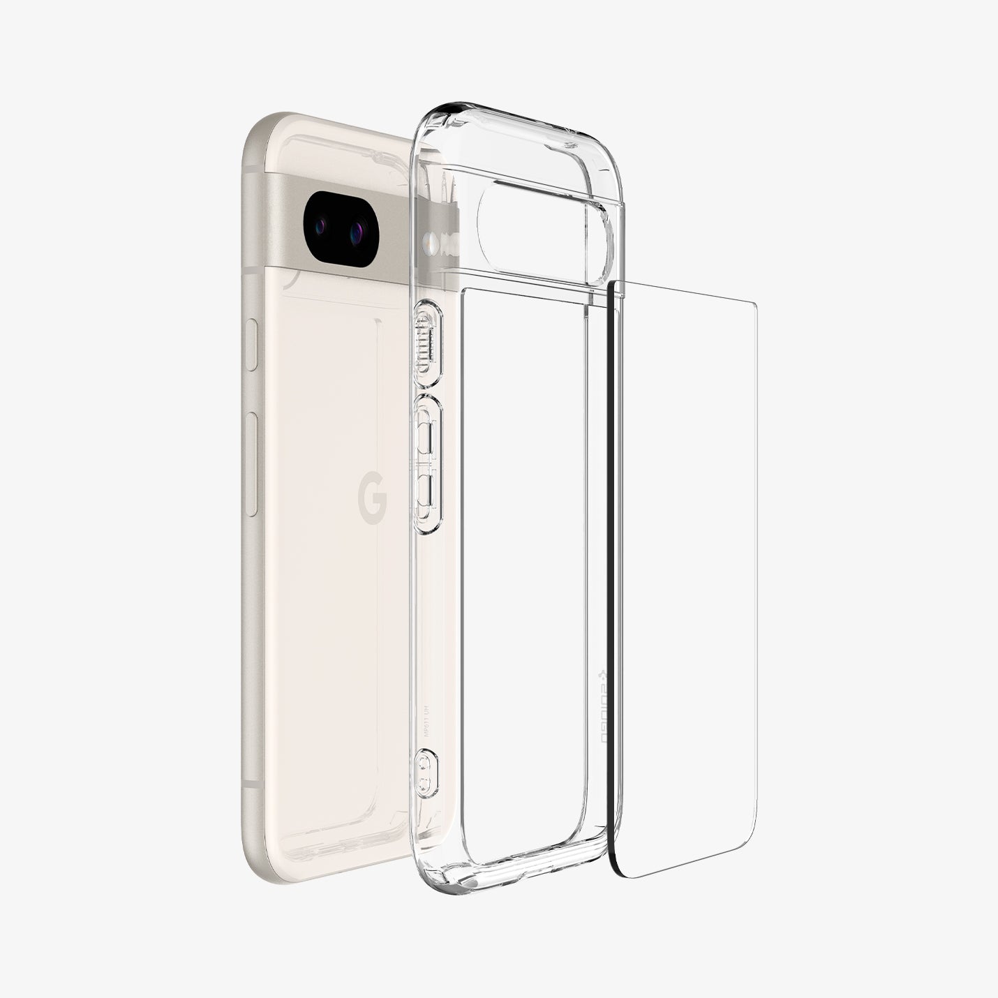 ACS07260 - Pixel 8a Case Ultra Hybrid in Crystal Clear showing the part of hard layer case, hovering in front of a clear tpu frame and a device aligned with each other