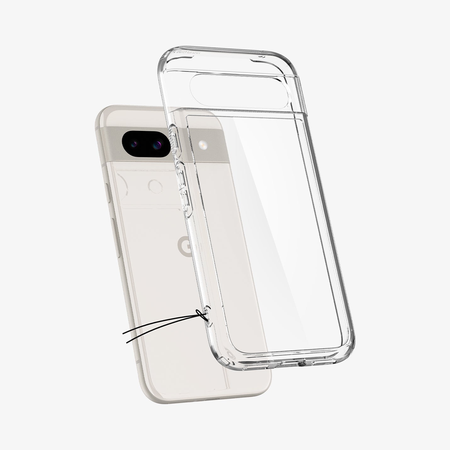ACS07260 - Pixel 8a Case Ultra Hybrid in Crystal Clear showing the back of clear tpu case hovering in front of the device
