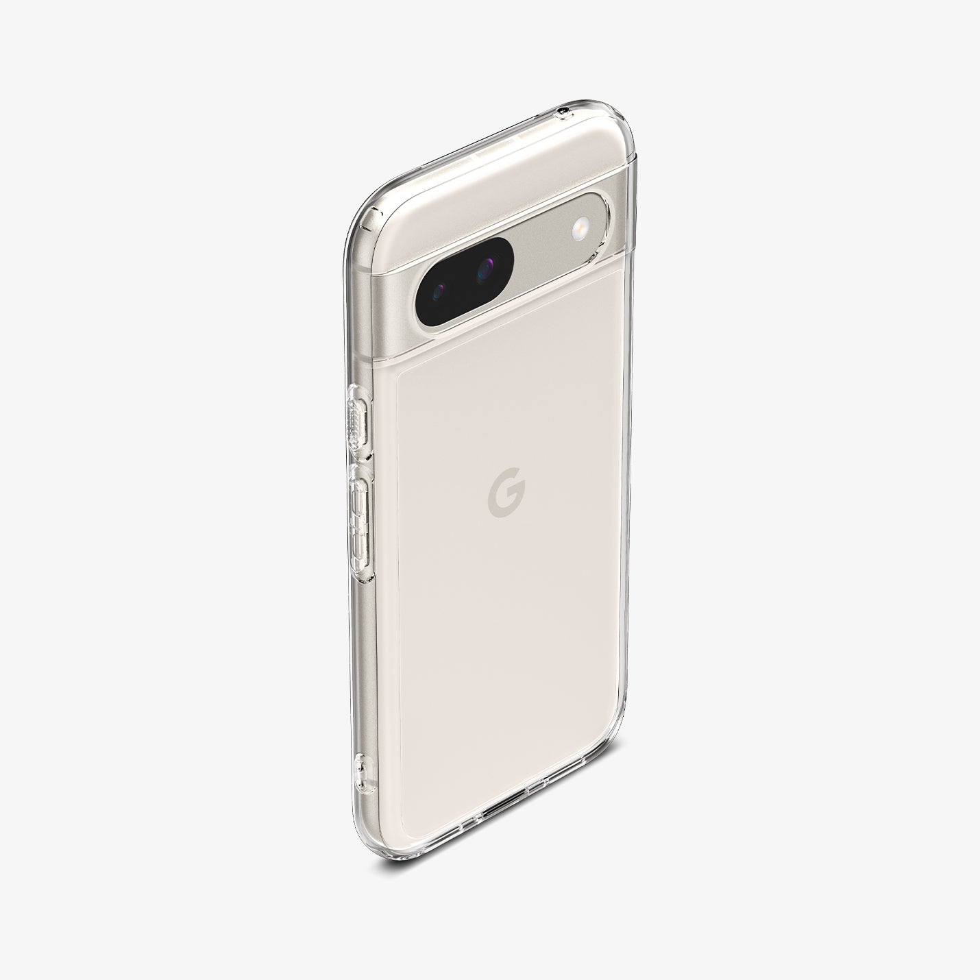 ACS07260 - Pixel 8a Case Ultra Hybrid in Crystal Clear showing the back and partial side with side buttons