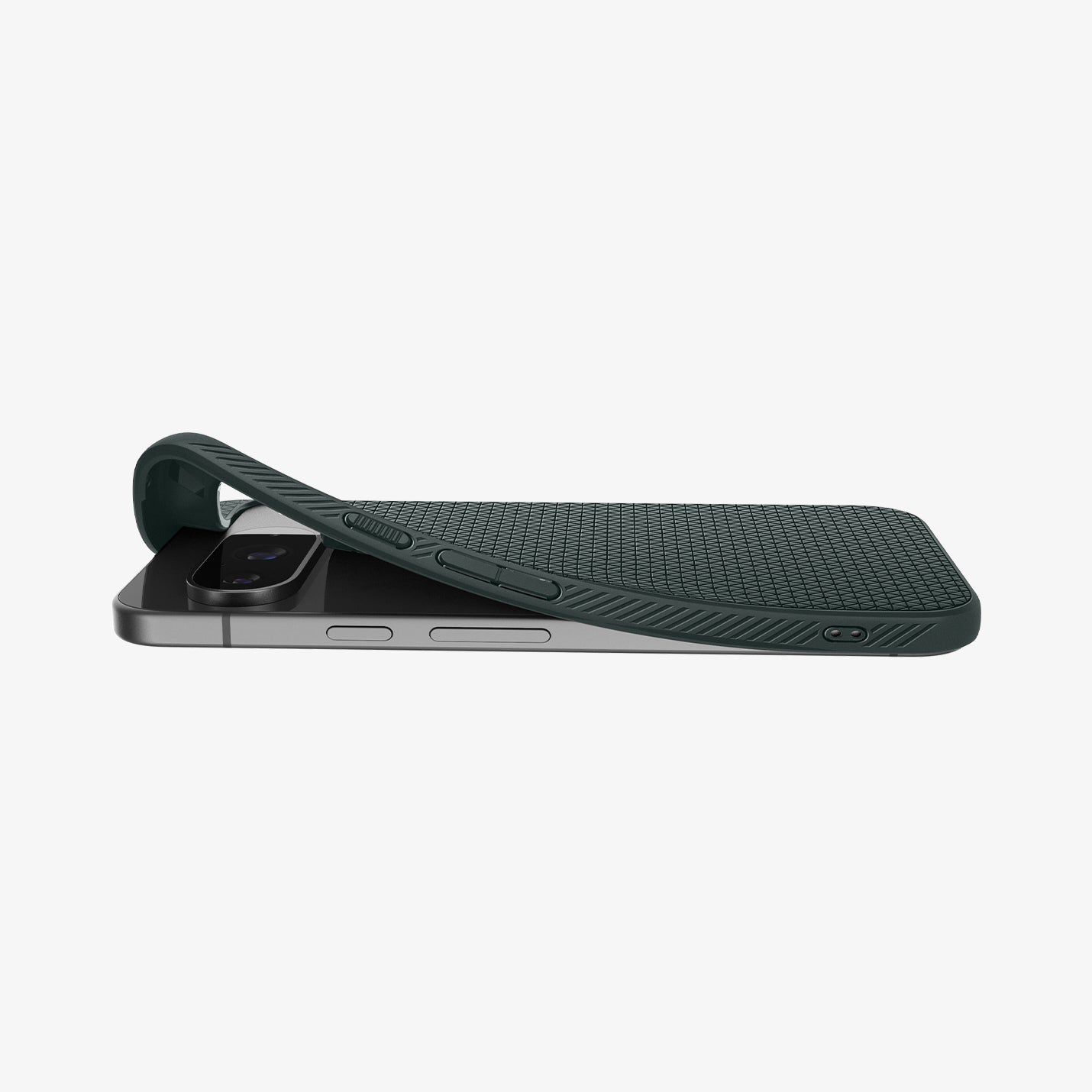 ACS07683 - Pixel 9 Pro Case Liquid Air in Abyss Green showing the back, partial side, back case partially lifted from the corner