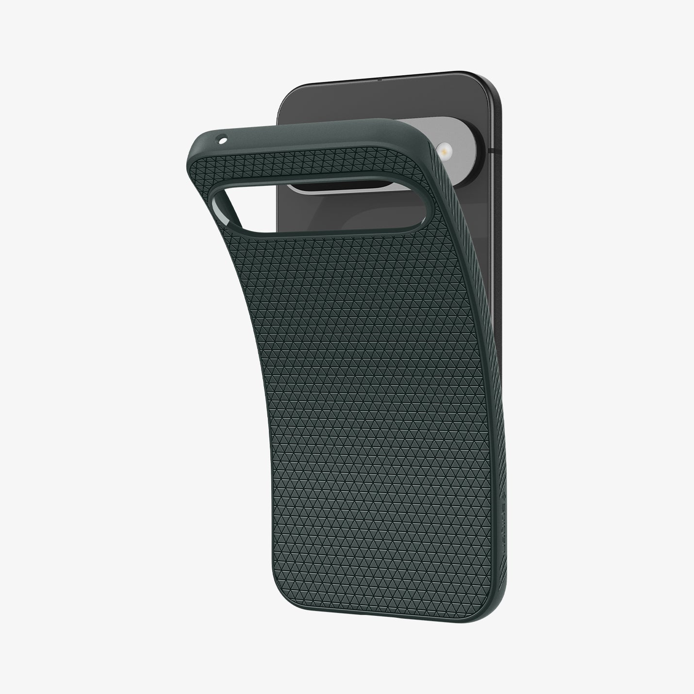 ACS07683 - Pixel 9 Pro Case Liquid Air in Abyss Green showing the back partially lifted from the device