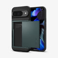 ACS07696 - Pixel 9 Pro Case Slim Armor CS in Abyss Green showing the back, card slider open, and behind it, a device showing partial front and sides