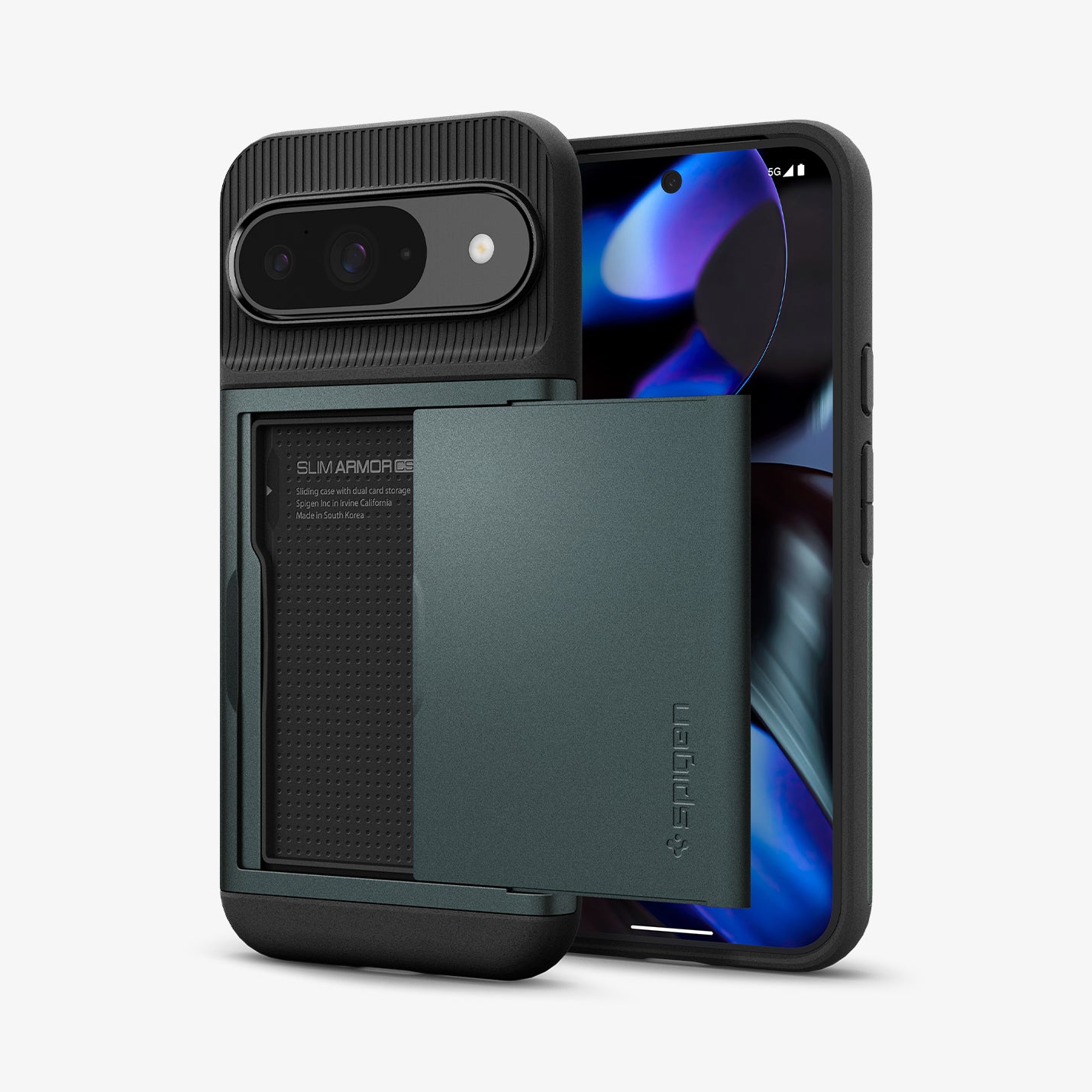 ACS07696 - Pixel 9 Pro Case Slim Armor CS in Abyss Green showing the back, card slider open, and behind it, a device showing partial front and sides