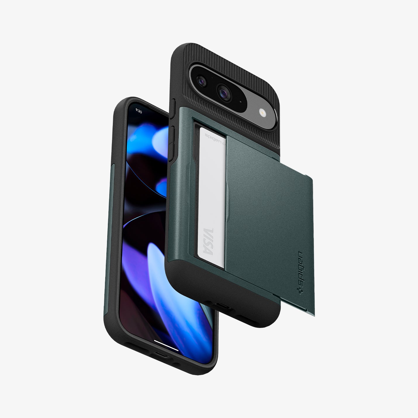 ACS07696 - Pixel 9 Pro Case Slim Armor CS in Abyss Green showing the back, with cards inside slider partially open, hovering in front of the device showing front, sides and bottom