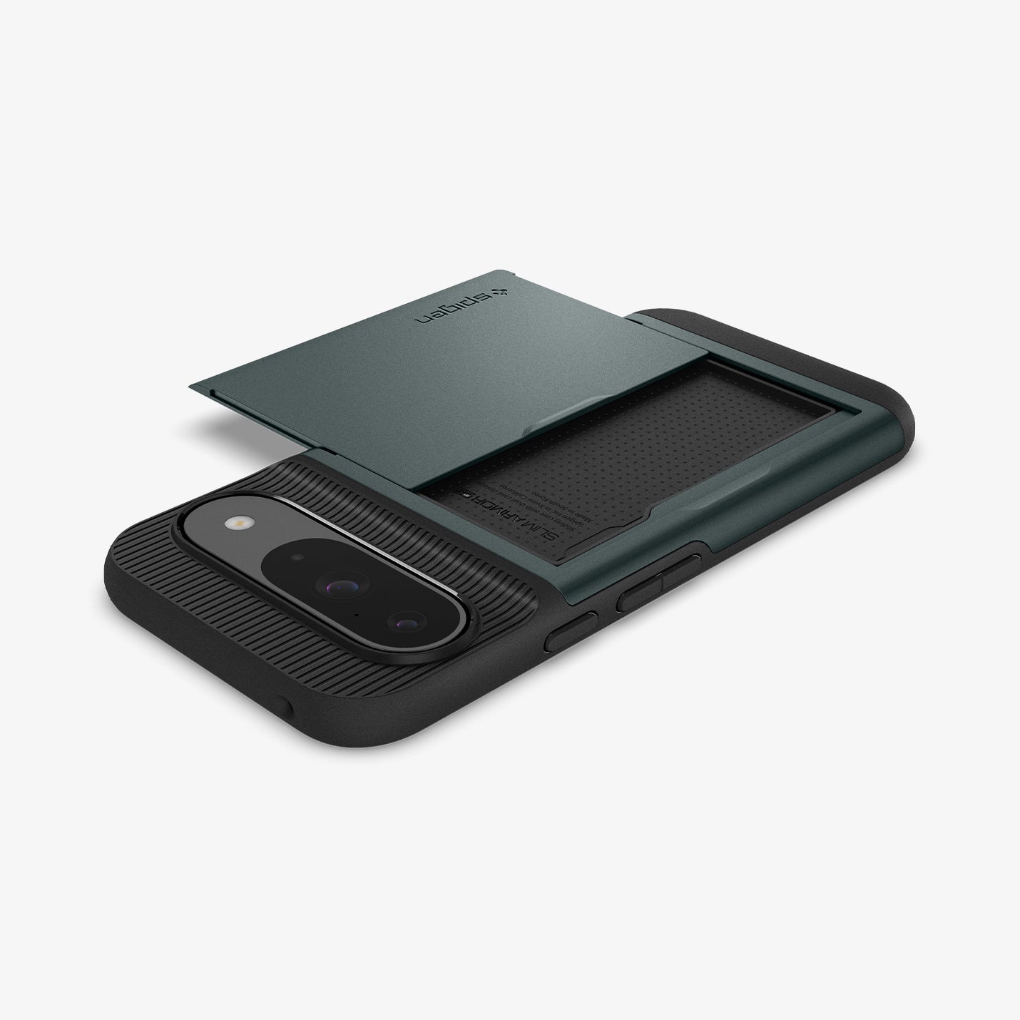 ACS07696 - Pixel 9 Pro Case Slim Armor CS in Abyss Green showing the back, card slider open on a flat surface