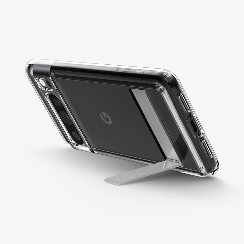 ACS07027 - Pixel 8 Pro Case Slim Armor Essential S in crystal clear showing the back with device propped up by built in kickstand