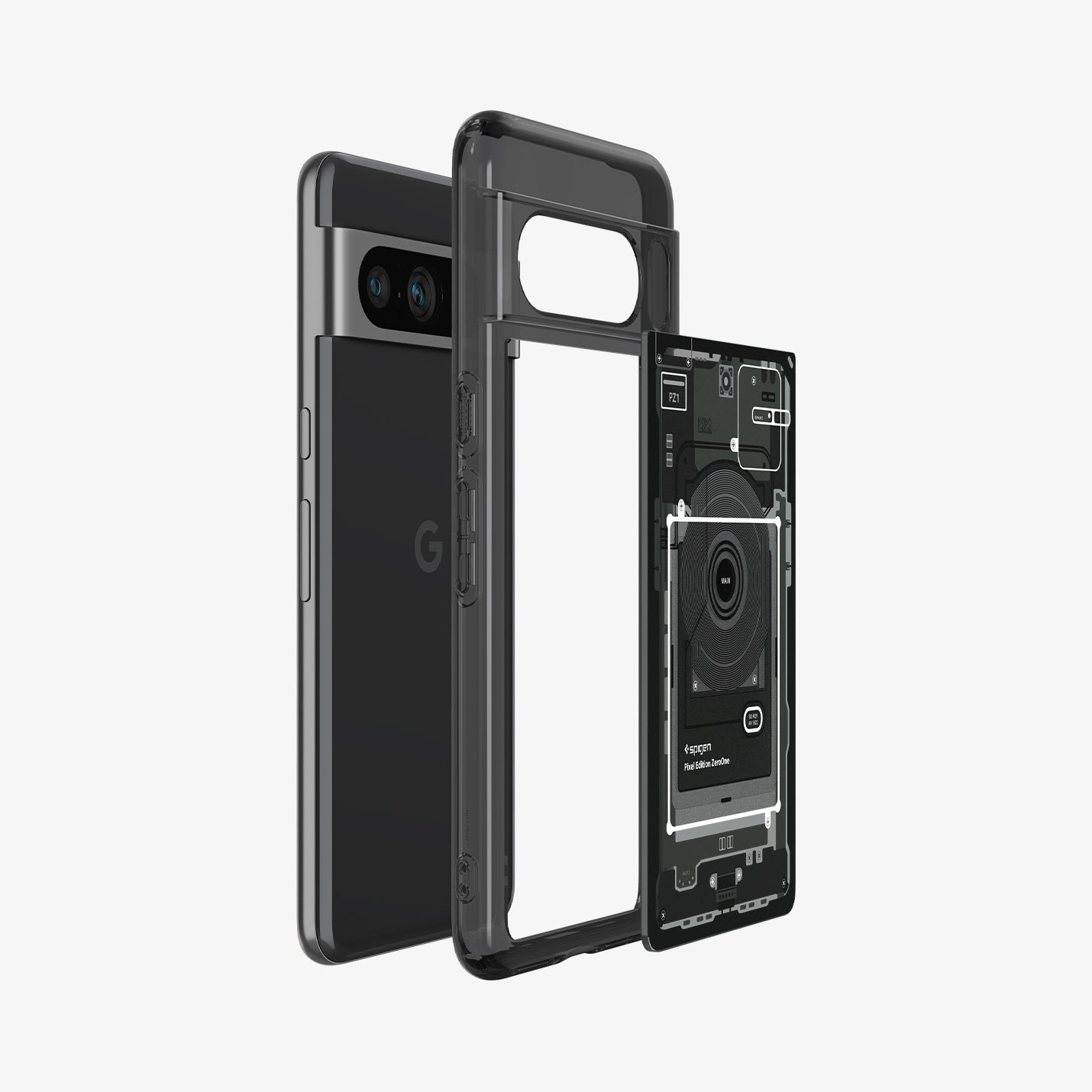 ACS06316 - Pixel 8 Pro Case Ultra Hybrid Zero One showing the multiple layers of case hovering behind the device