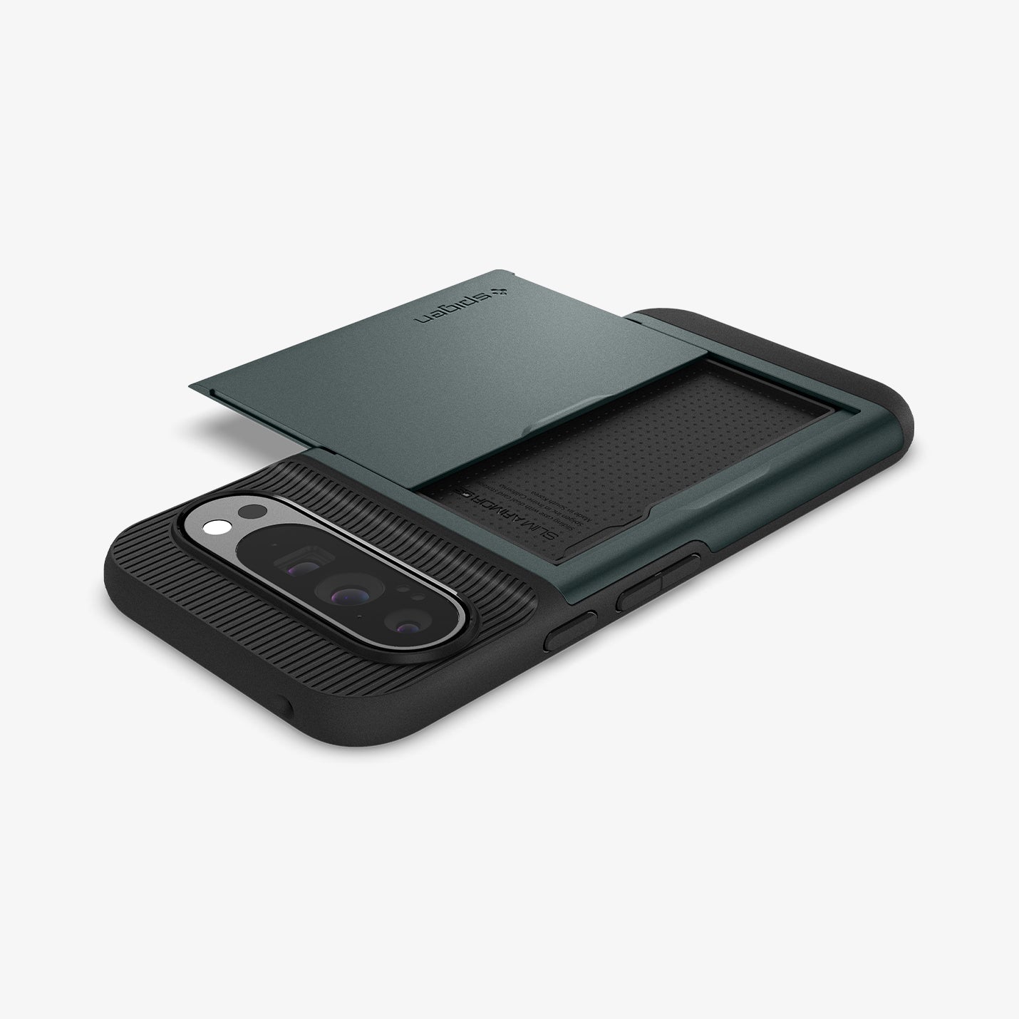 ACS07730 - Pixel 9 Pro XL Case Slim Armor CS in Abyss Green showing the back, card slider open on a flat surface