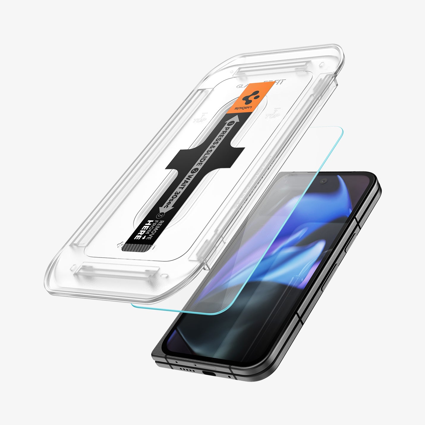 AGL07873 - Pixel 9 Pro Fold GLAS.tR EZ Fit Screen Protector showing the ez fit tray and screen protector hovering in front of device