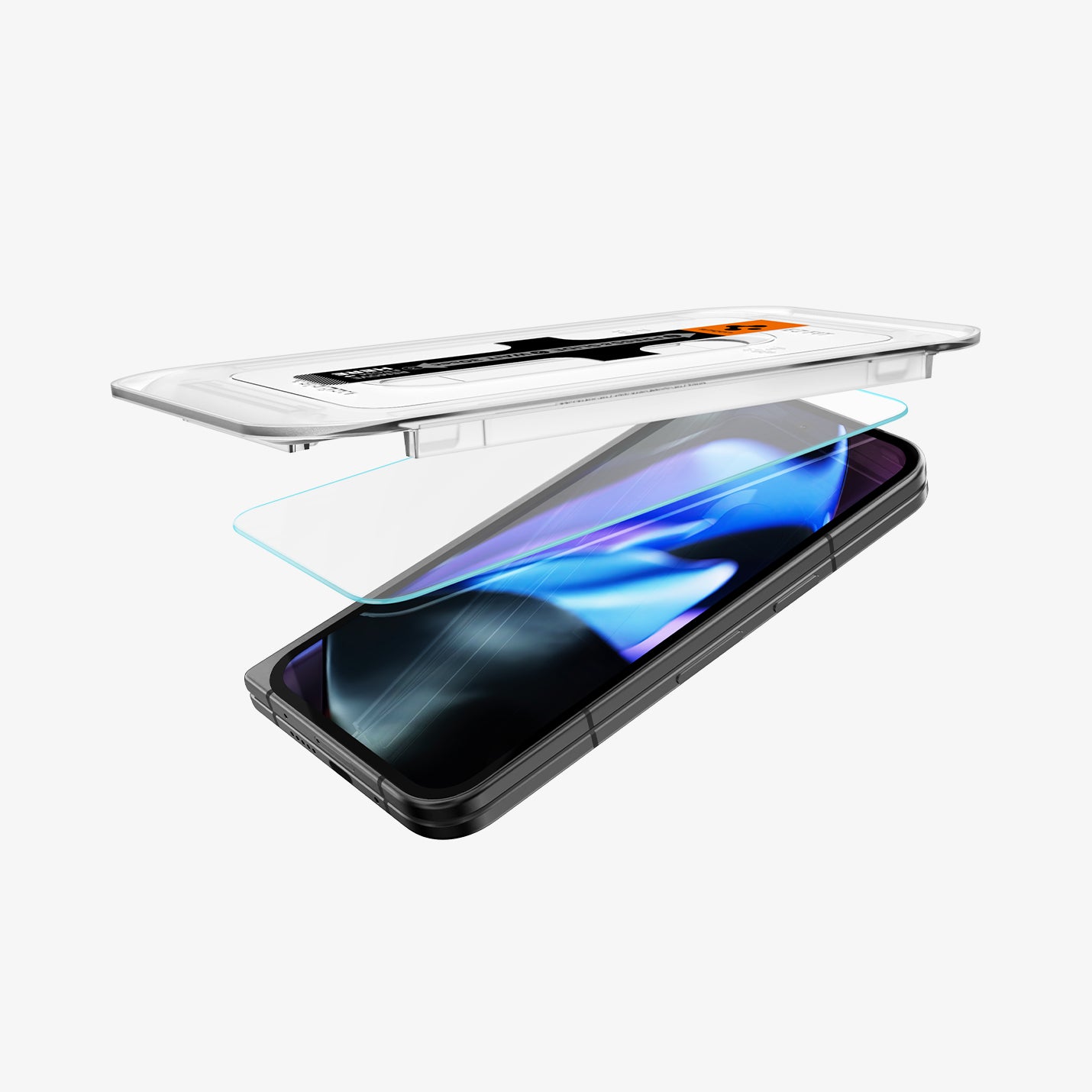 AGL07873 - Pixel 9 Pro Fold GLAS.tR EZ Fit Screen Protector showing the ez fit tray and screen protector hovering slightly in front of device screen