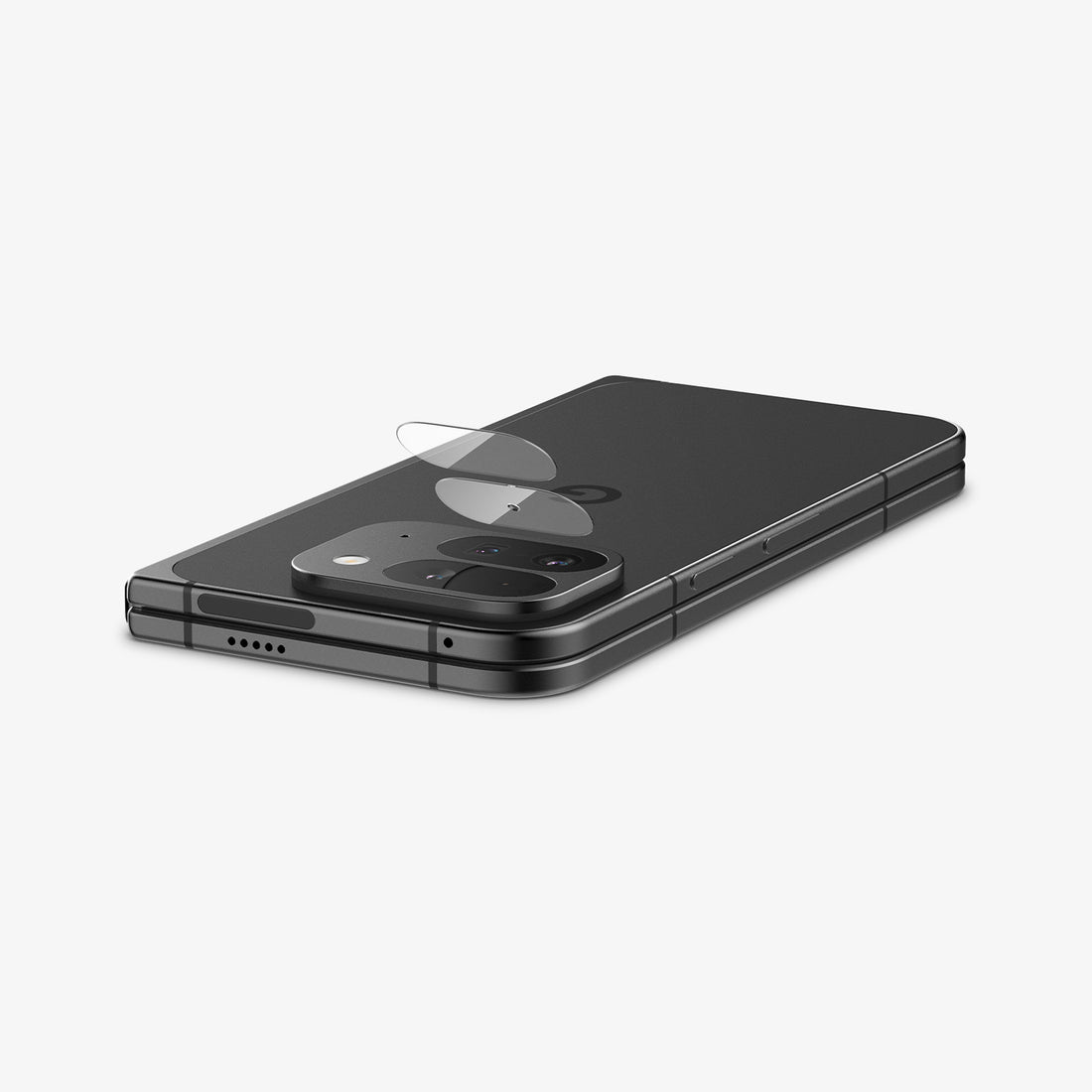 AGL08269 - Google Pixel 9 Pro Fold Optik EZ Fit Lens Protector showing the lens protector hovering slightly above the camera lens