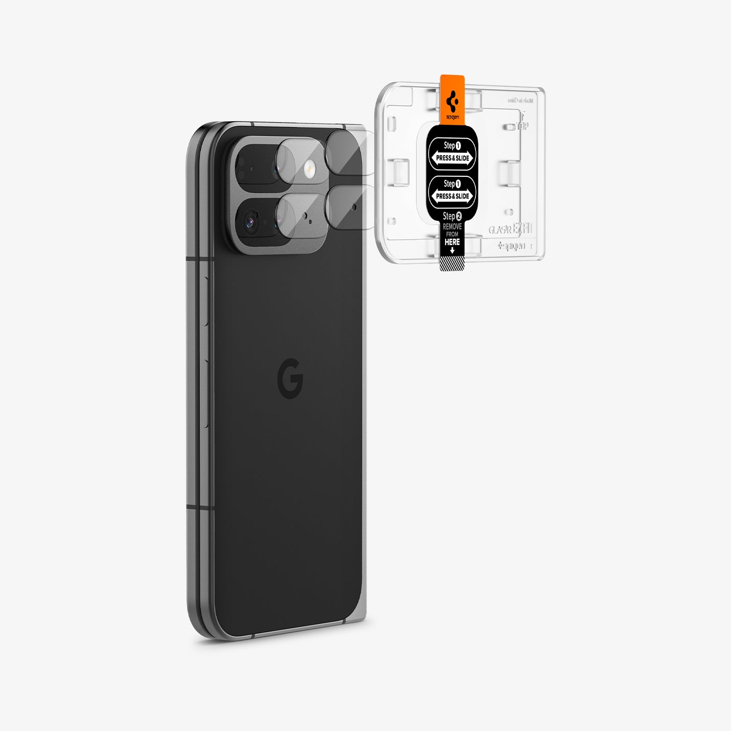 AGL08269 - Google Pixel 9 Pro Fold Optik EZ Fit Lens Protector showing the back and partial side with ez fit tray installed onto camera lens