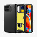 ACS07587 - Pixel Fold 2 Case Slim Armor Pro in Black showing the back, next to it, a partial inner of the case and behind it, partial front of the device