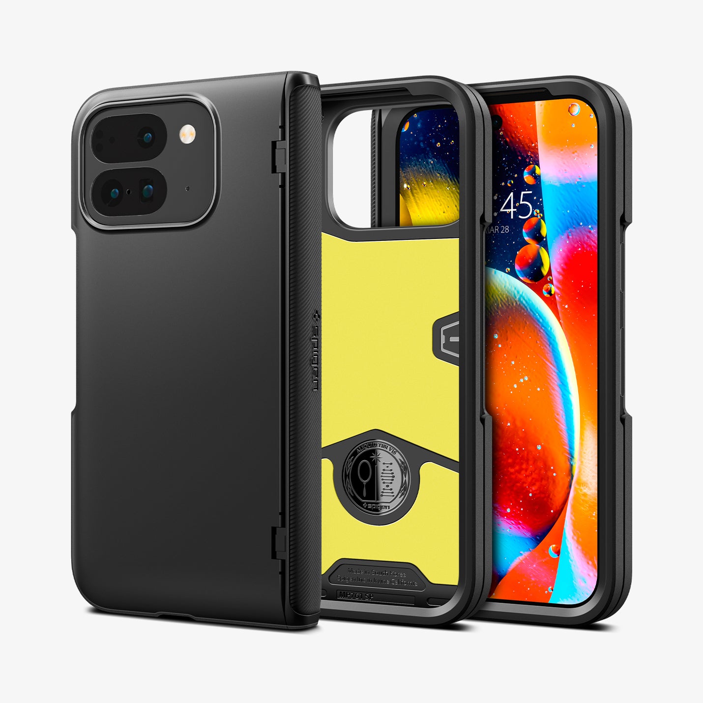 ACS07587 - Pixel Fold 2 Case Slim Armor Pro in Black showing the back, next to it, a partial inner of the case and behind it, partial front of the device