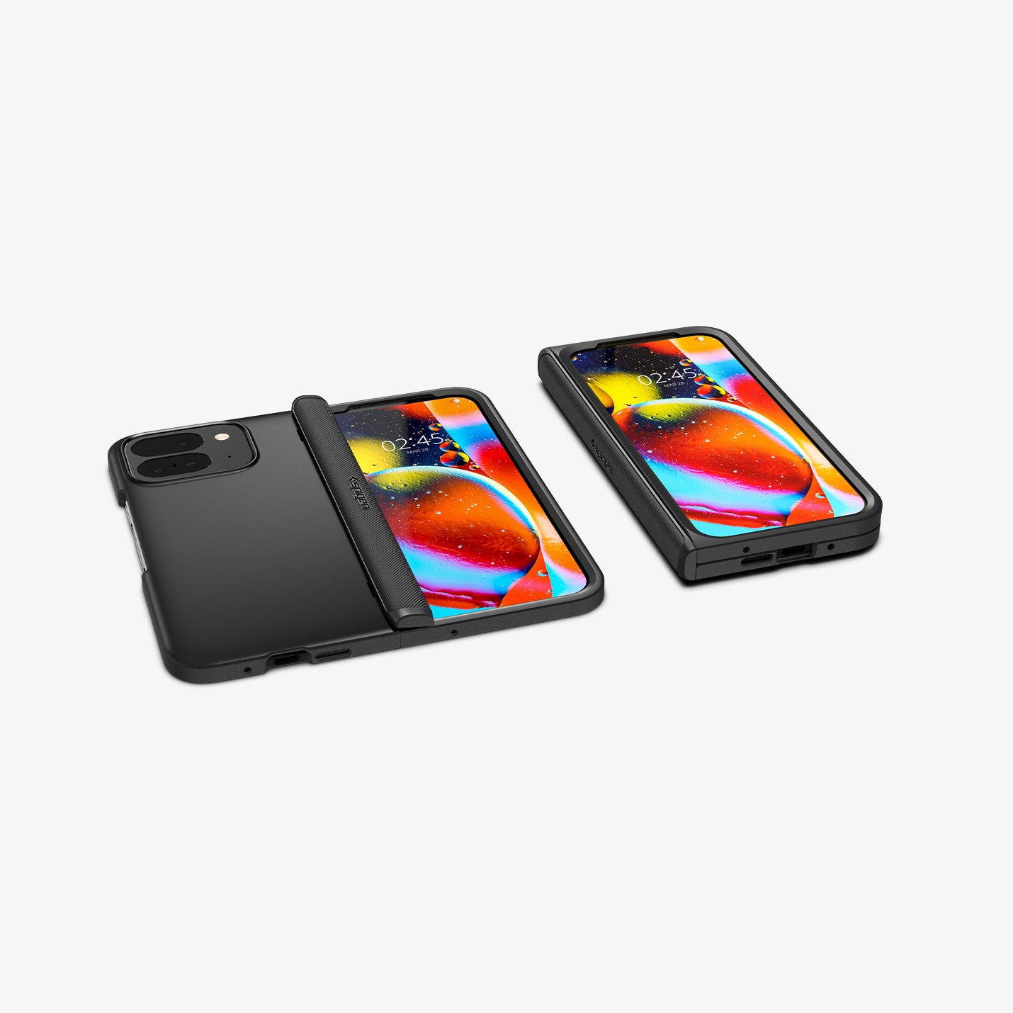 ACS07587 - Pixel Fold 2 Case Slim Armor Pro in Black showing the back, hinge, 2 front, partial sides and bottom of two devices