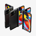 ACS07587 - Pixel Fold 2 Case Slim Armor Pro in Black showing the 2 back and 4 partial front and sides of 3 devices aligned with each other 