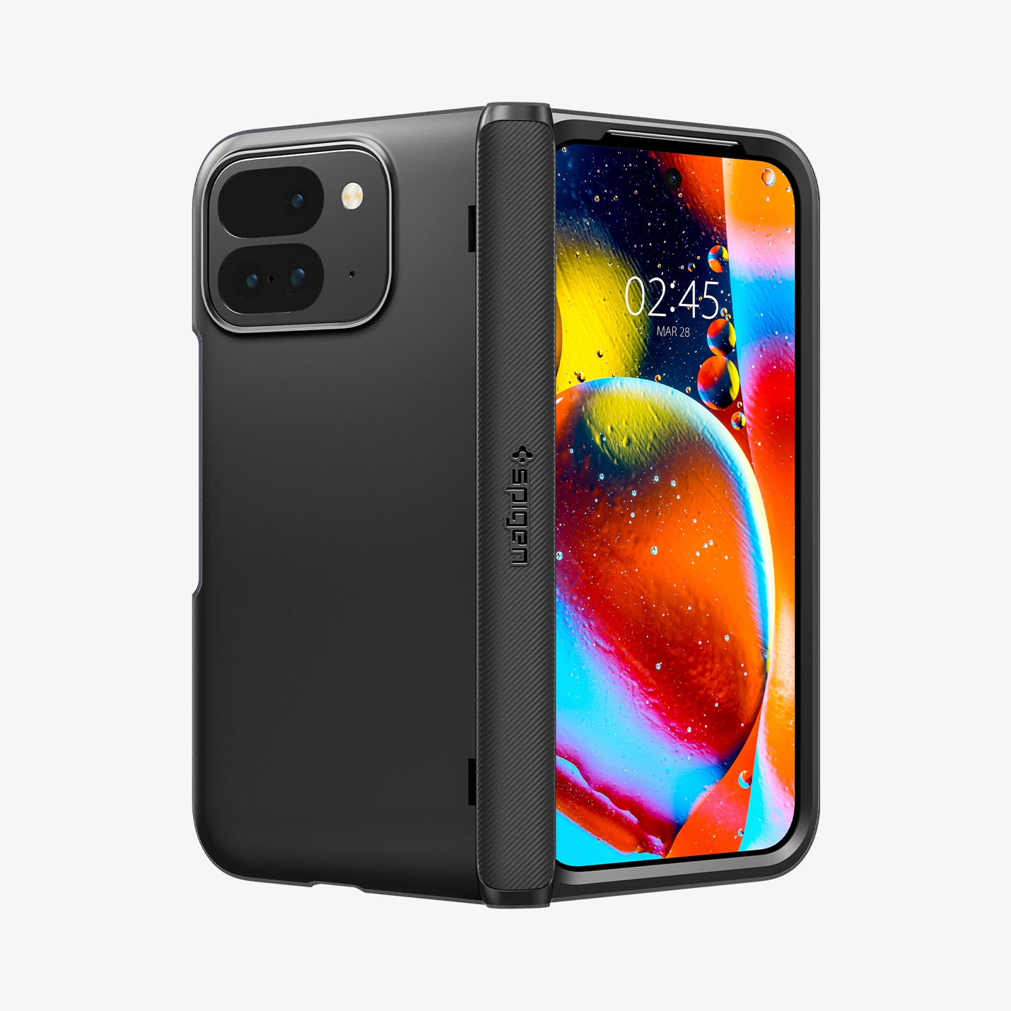 ACS07587 - Pixel Fold 2 Case Slim Armor Pro in Black showing the back, side and front partially folded